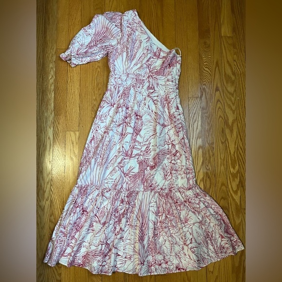 Express Pink Rayon Floral Dress Puff Sleeve Asymmetric One Shoulder Dress XS - Picture 8 of 9